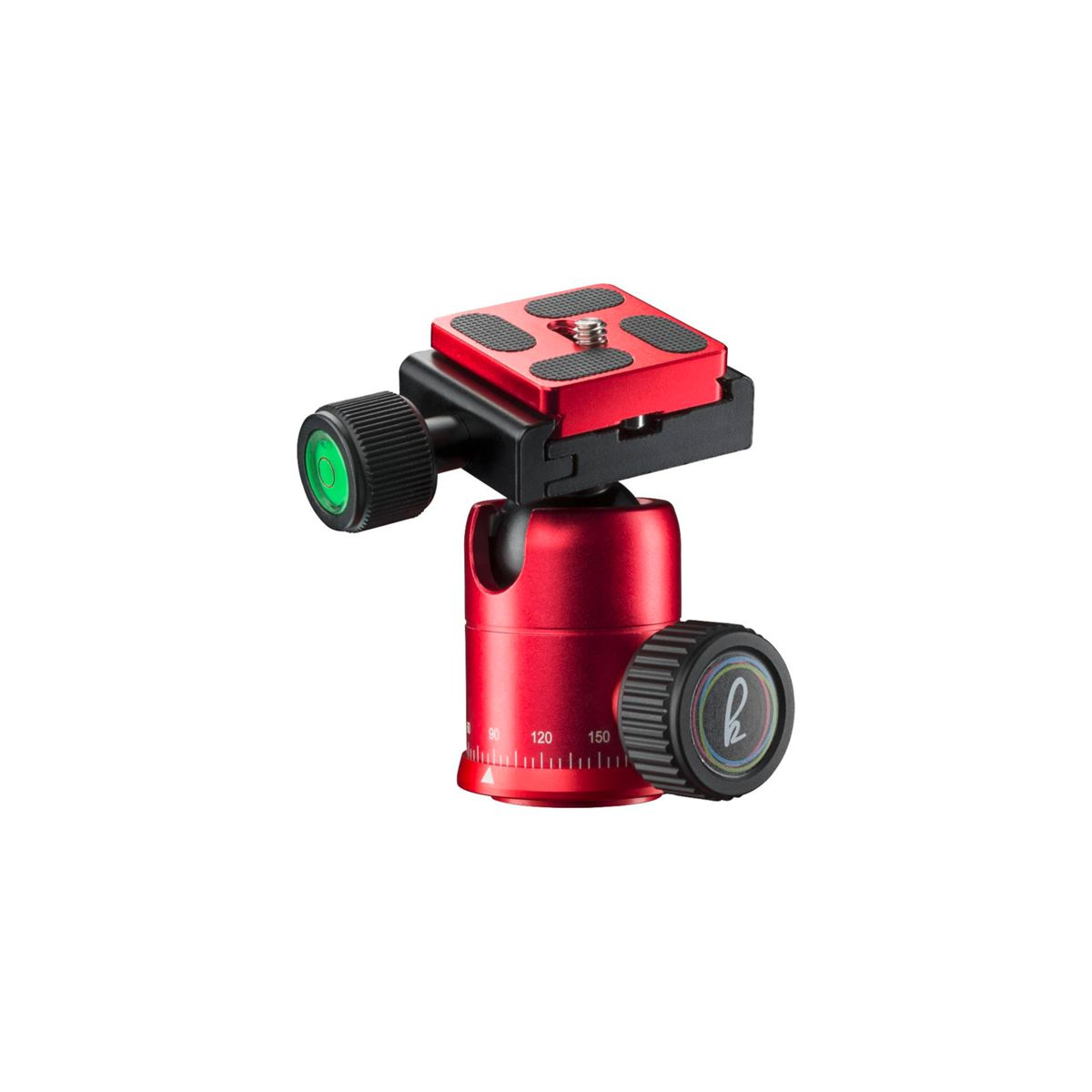 Czerwona głowica kulowa z czarnym wierzchem i czarną i czerwoną podstawą na białym tle.