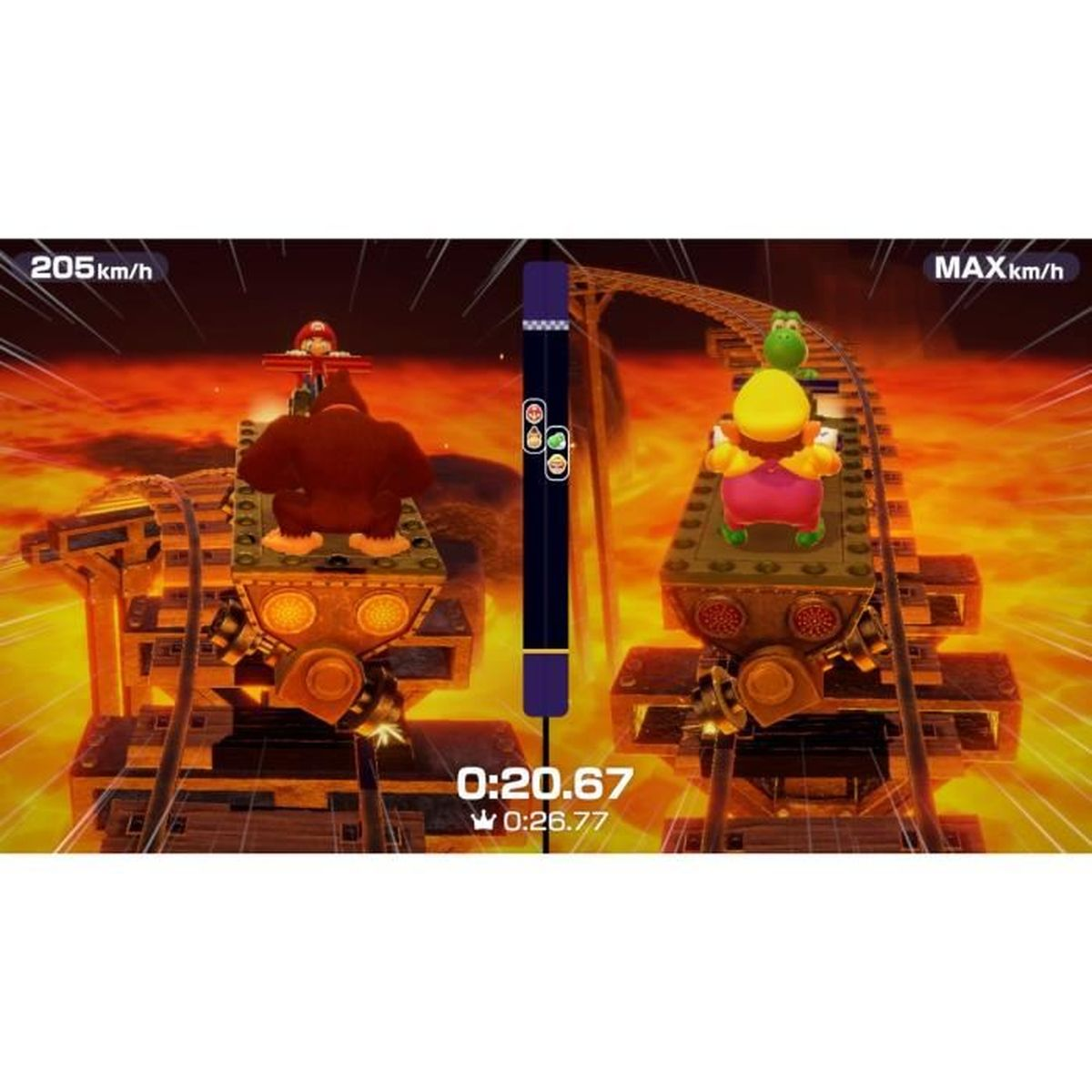 Scena z Mario Party. Postacie ścigają się na platformach nad lawą. Pokazano dwa gokarty z różnymi postaciami.