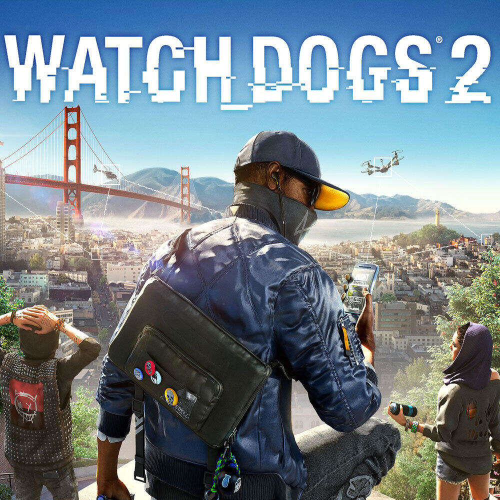 Okładka gry Watch Dogs 2. Mężczyzna w kapeluszu i masce patrzy na telefon przed miastem.