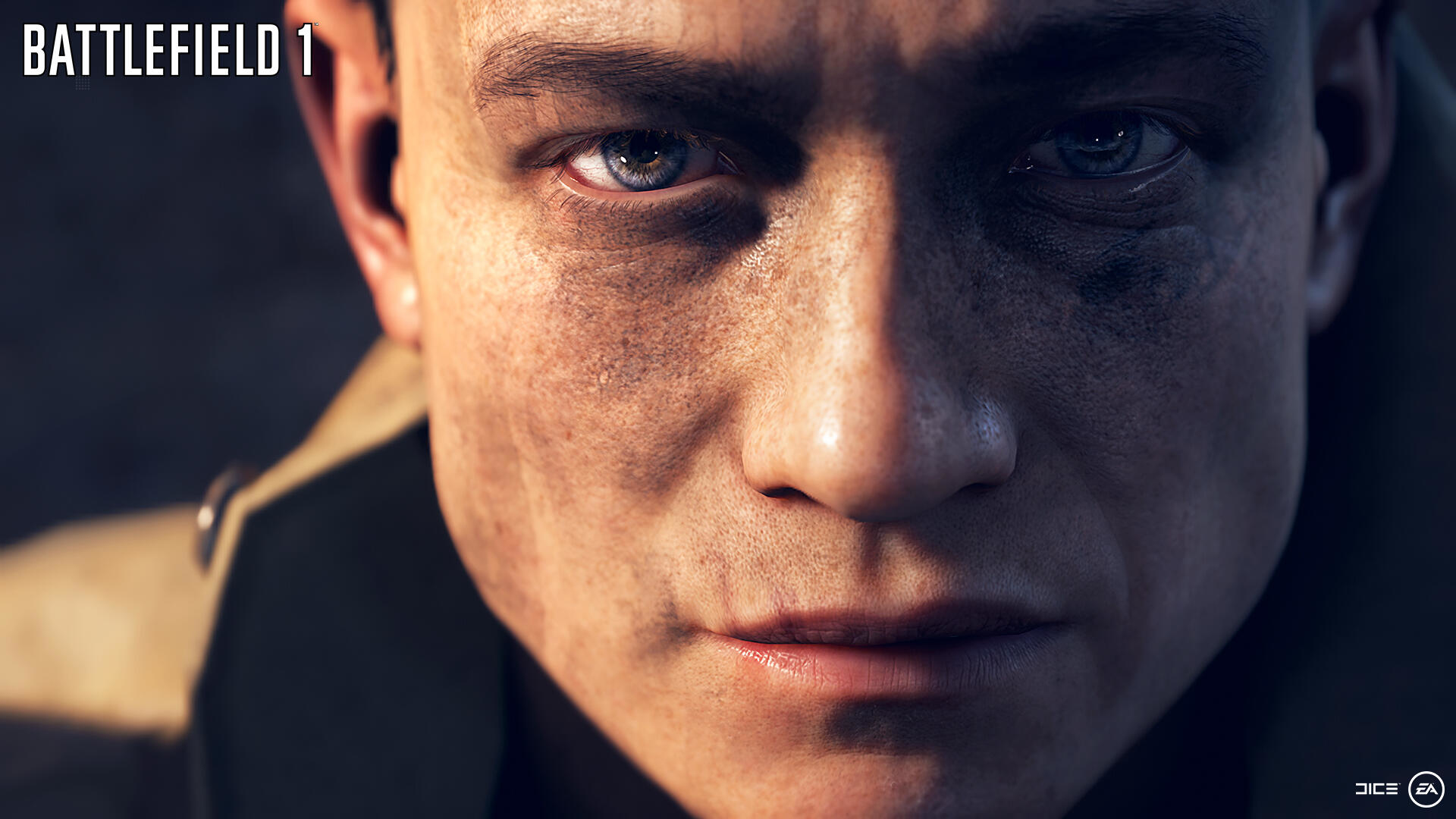 Zbliżenie twarzy mężczyzny z brudem na policzku, z tytułem "Battlefield 1".