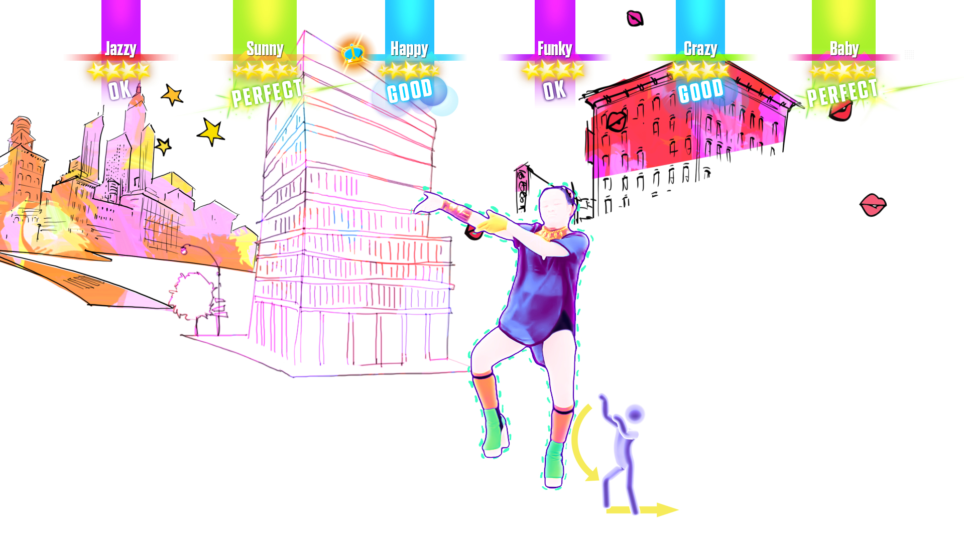 Eine tanzende Figur mit bunten Strichen und der "Just Dance" Spieloberfläche.