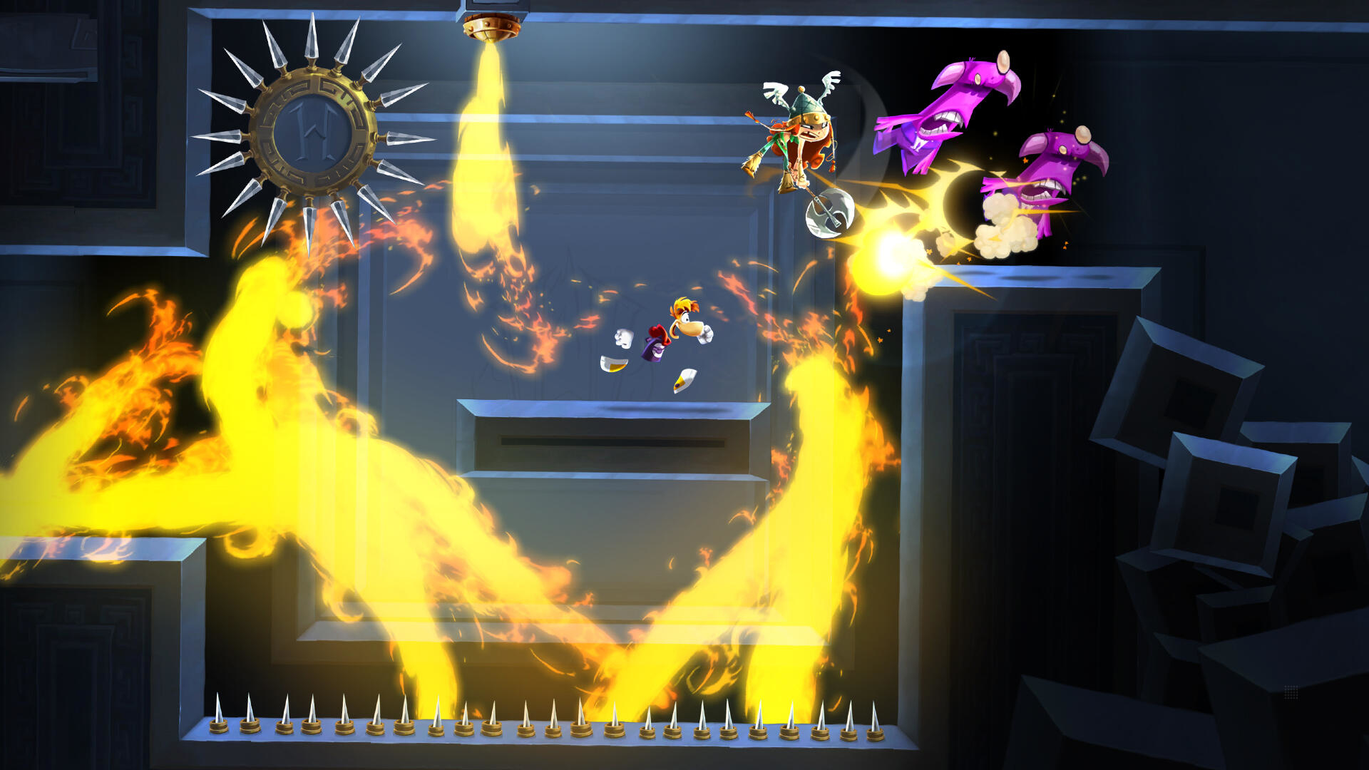 Rayman springt, weicht Feuer aus, während Feinde auf ihn schießen. Der Hintergrund zeigt eine dunkle, geometrische Struktur.