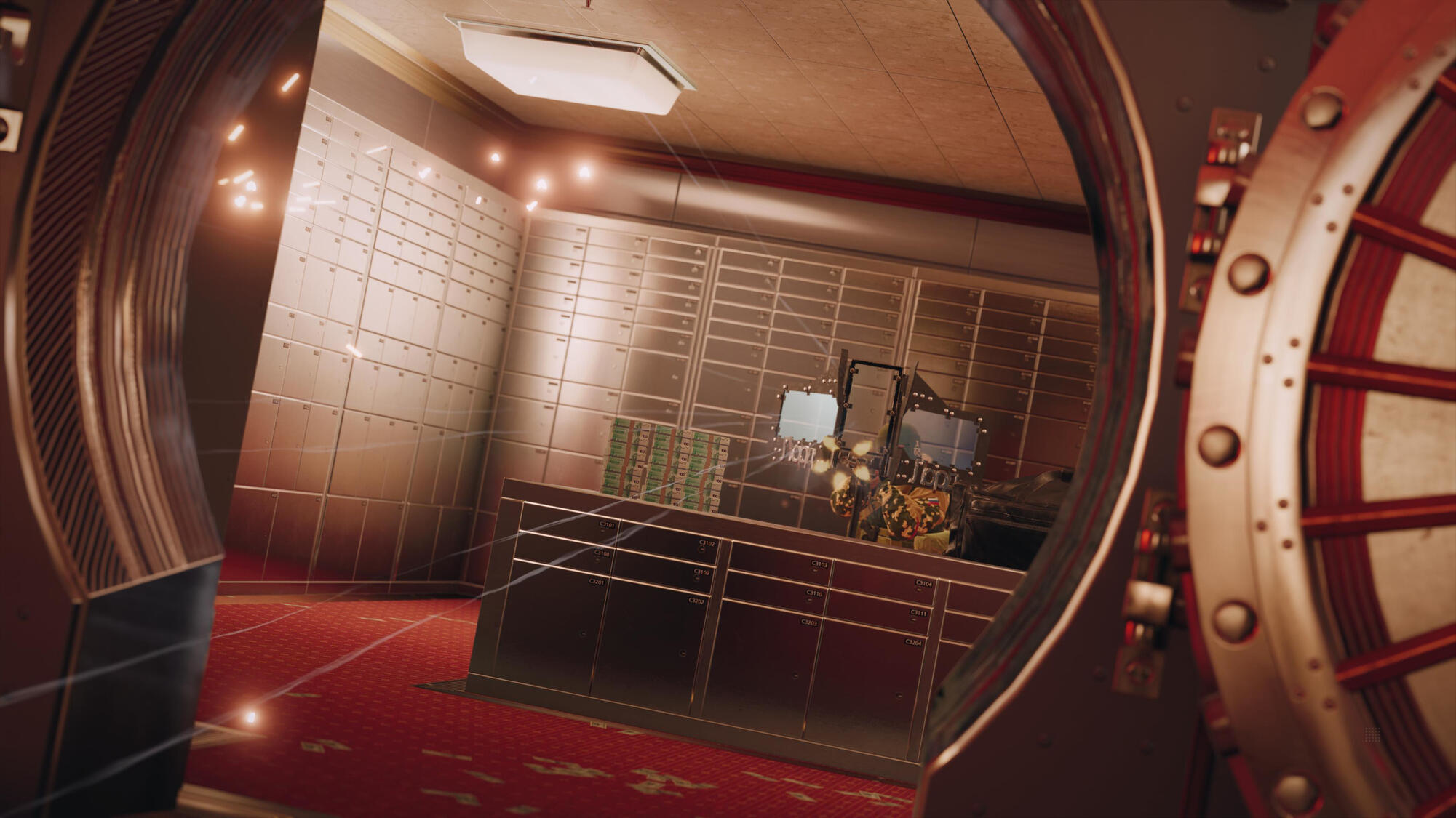 Wnętrze skarbca bankowego z otwartymi drzwiami i wystawionymi pieniędzmi.