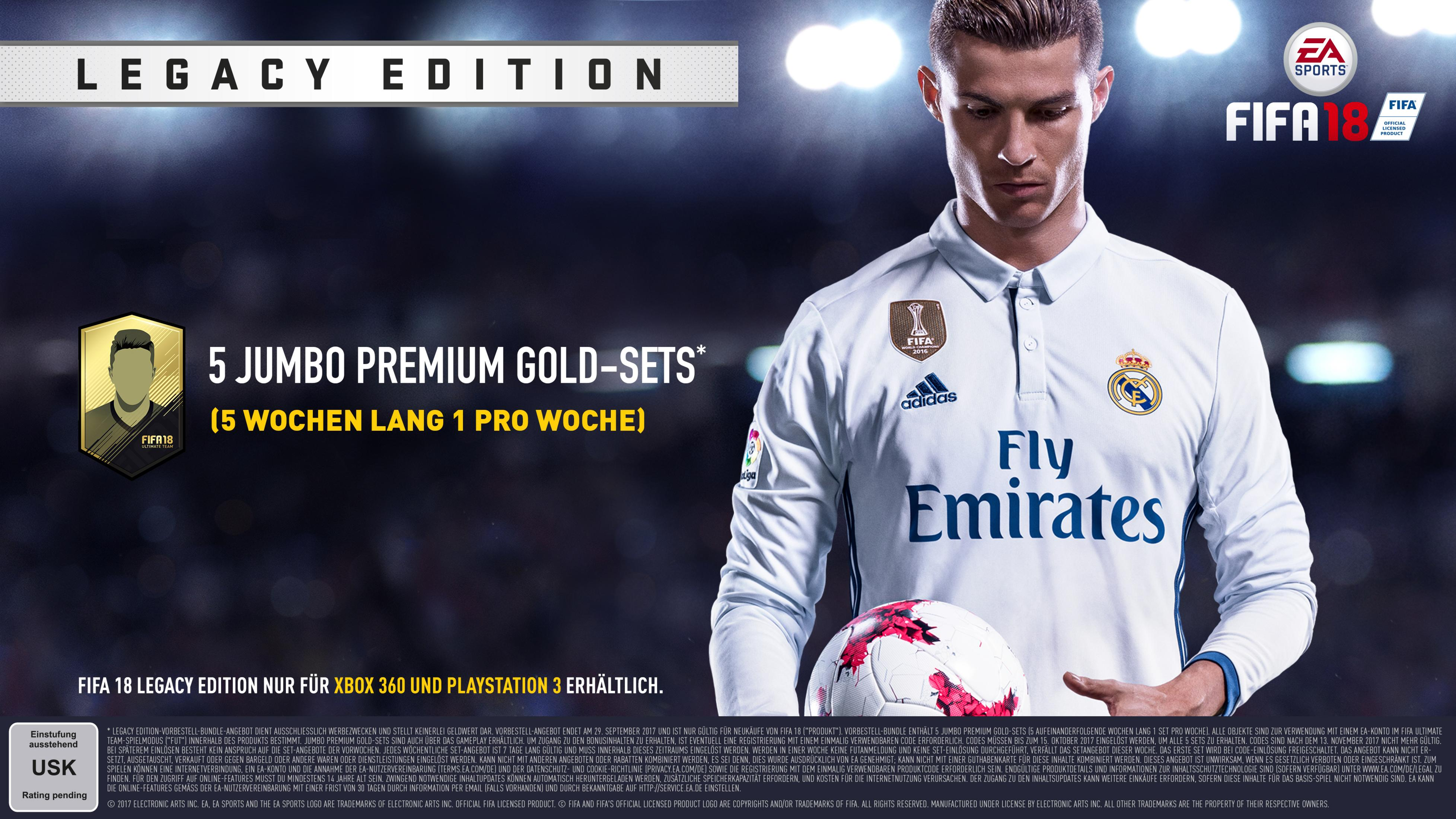 Spiel-Cover: FIFA 18. Cristiano Ronaldo hält einen Fußball, mit dem 'Fly Emirates'-Logo auf seinem Trikot.