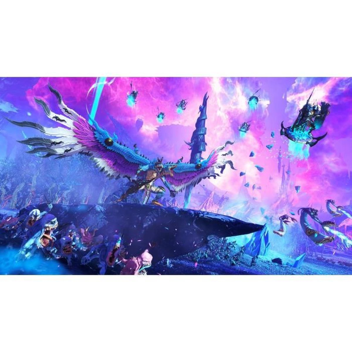 Skrzydlata bestia atakuje, otoczona innymi stworzeniami w jasnym, fantastycznym otoczeniu.