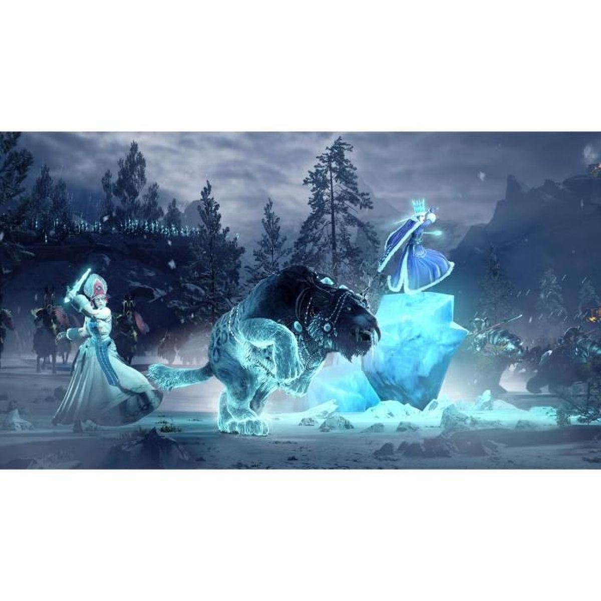 Scena fantasy z postaciami, lodowymi stworami i świecącą niebieską strukturą w zaśnieżonym otoczeniu.