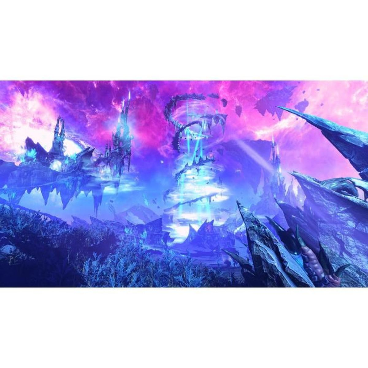 Fantastyczny krajobraz z pływającymi wyspami, świecącymi strukturami i żywym fioletowo-niebieskim niebem.