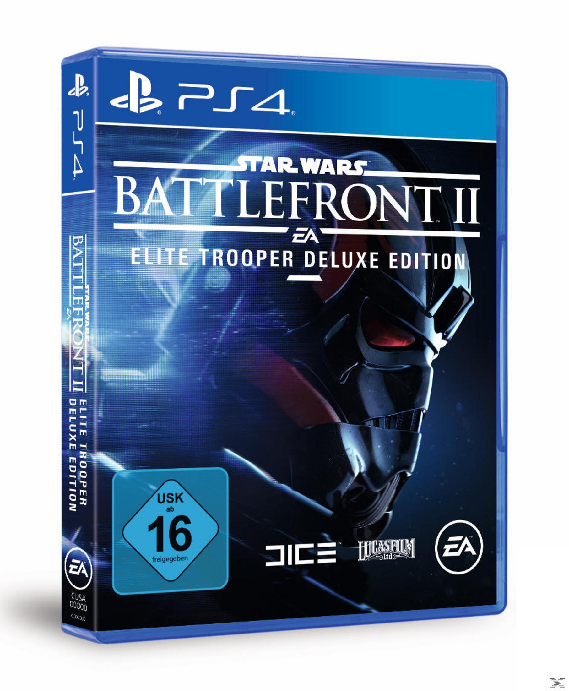 Spielcover für Star Wars Battlefront II. Ein Sturmtrupplerhelm steht im Mittelpunkt. Blaue und weiße Farben.