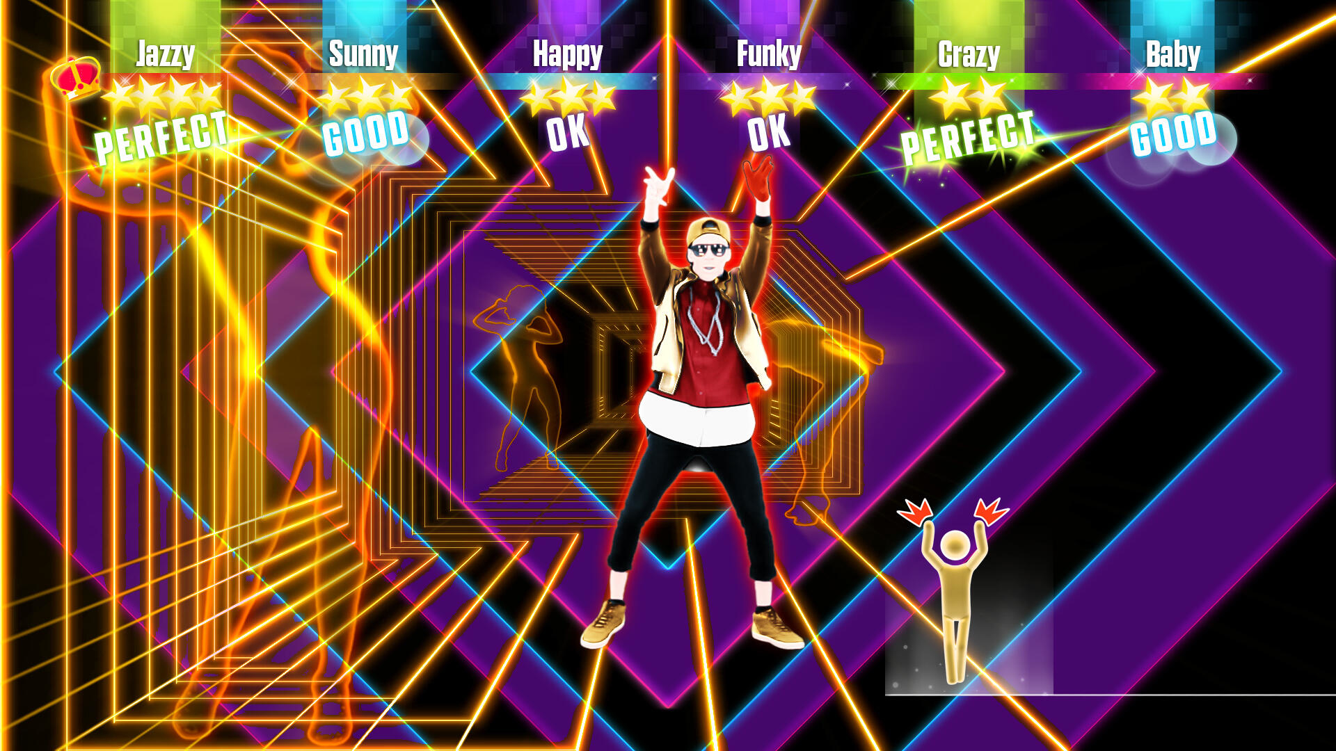 Zrzut ekranu z gry Just Dance. Osoba tańczy. Tło jest żywe i kolorowe.