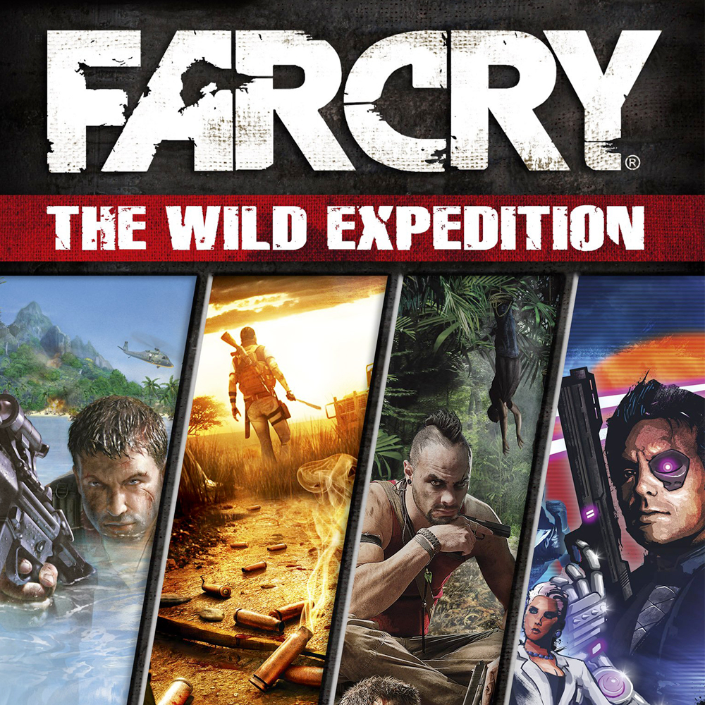 Okładka gry Far Cry The Wild Expedition. Wiele zdjęć postaci z bronią.
