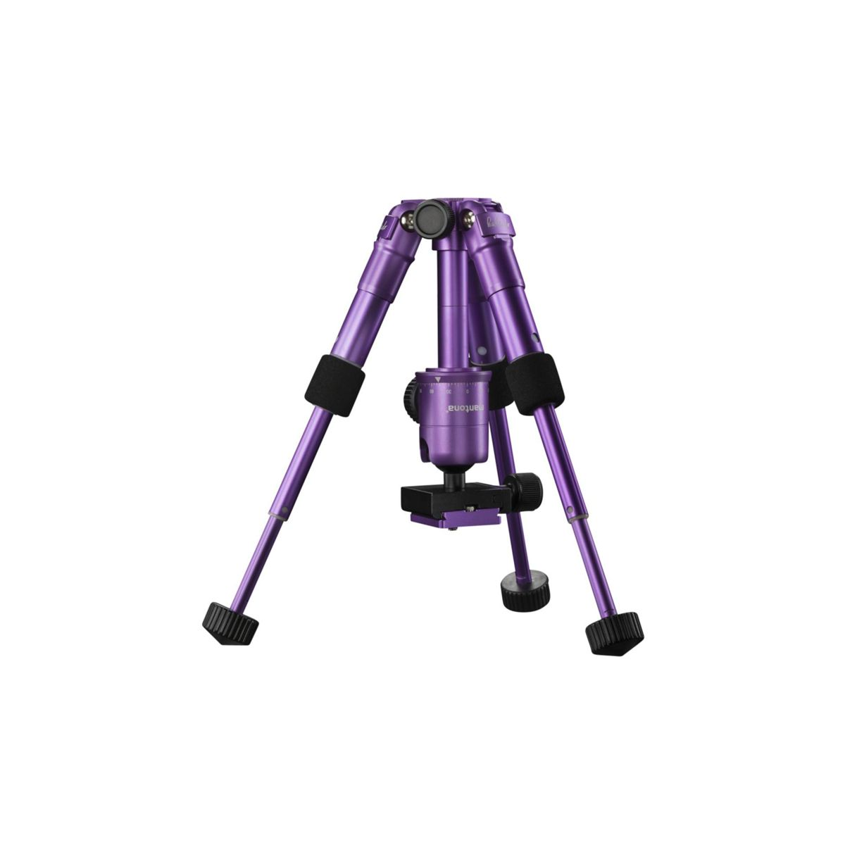 Fioletowy statyw na białym tle. Ma trzy nogi i głowicę z pokrętłami regulacyjnymi.