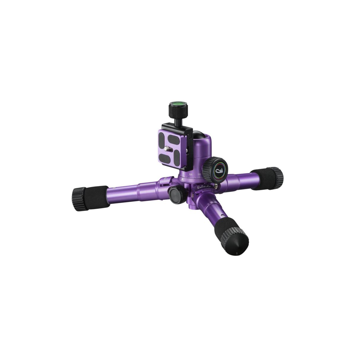 Fioletowy statyw z trzema nogami i głowicą na białym tle.