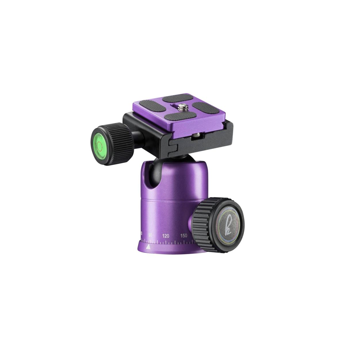 Fioletowo-czarna głowica statywu na białym tle. Statyw jest ustawiony pod kątem do widza.