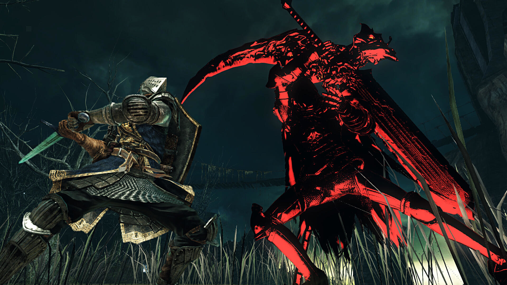 Un cavaliere in armatura duella con una figura rossa e oscura che brandisce una grande falce.