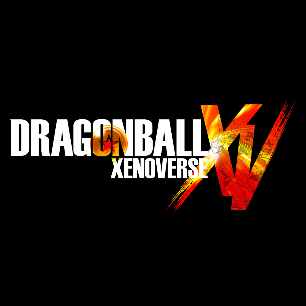 Logo gry Dragon Ball Xenoverse XV na czarnym tle ze sceną walki.
