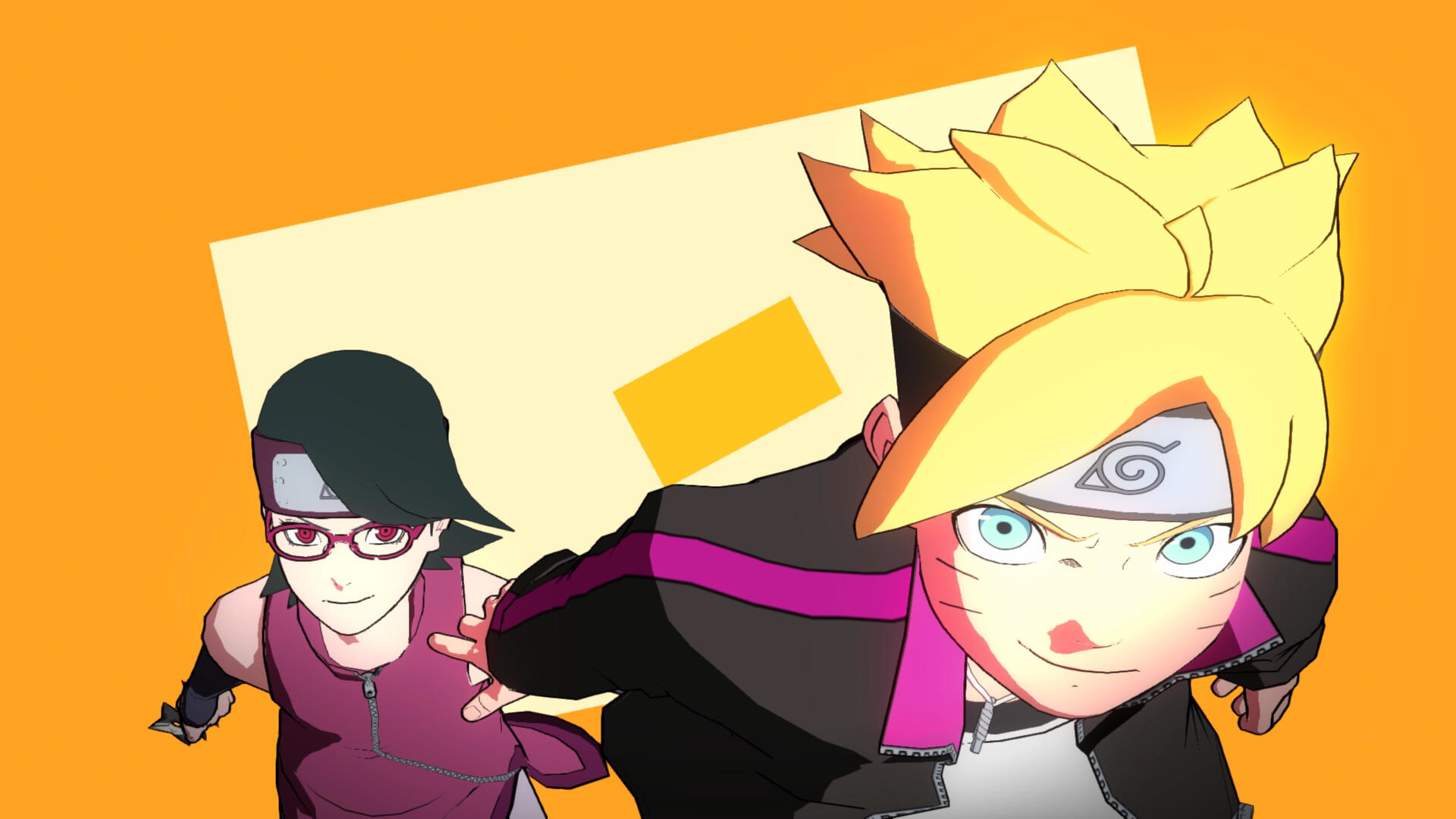 Boruto i Sarada z Boruto: Naruto Next Generations, pomarańczowe tło.
