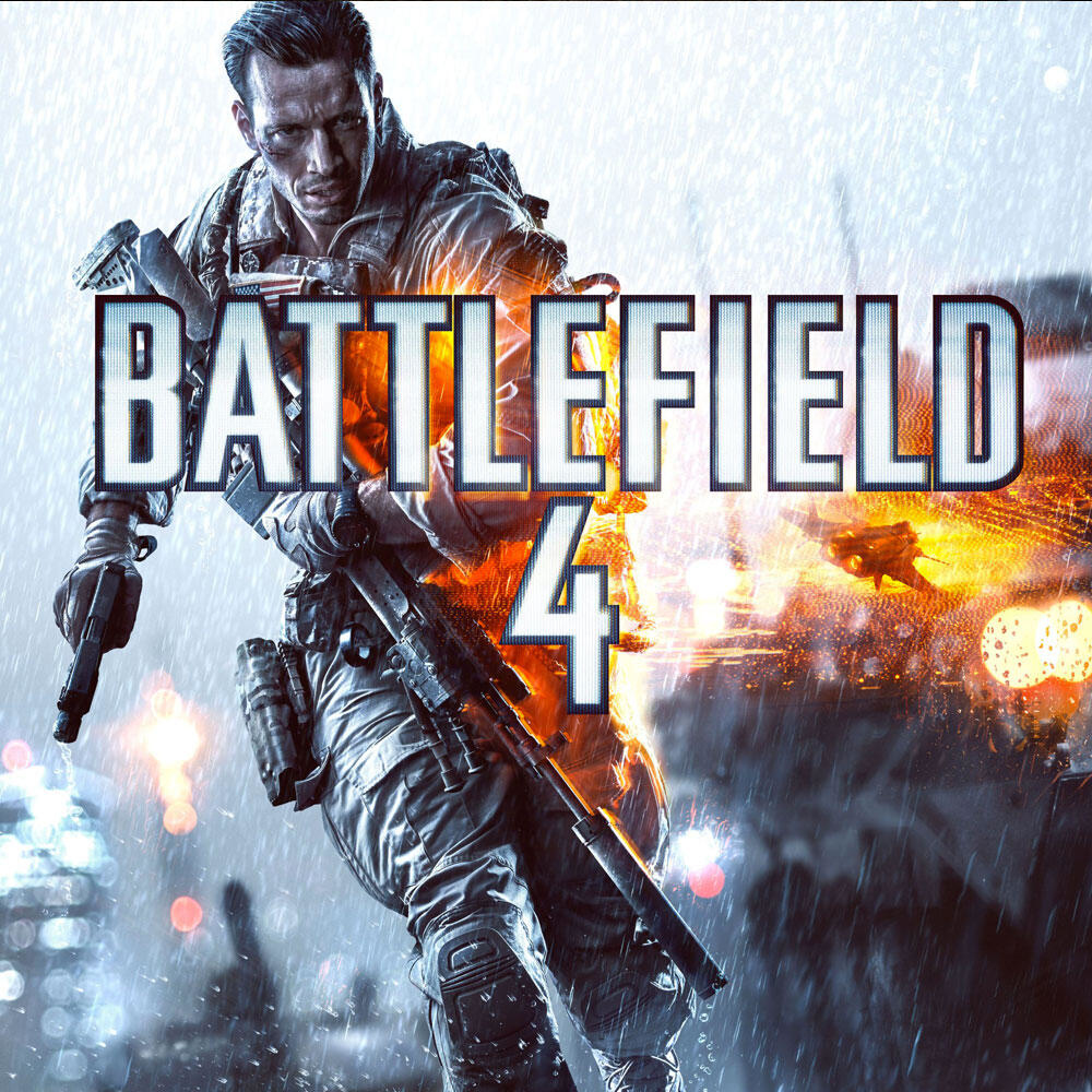 Copertina del gioco Battlefield 4. Un soldato con un'arma con esplosioni sullo sfondo.