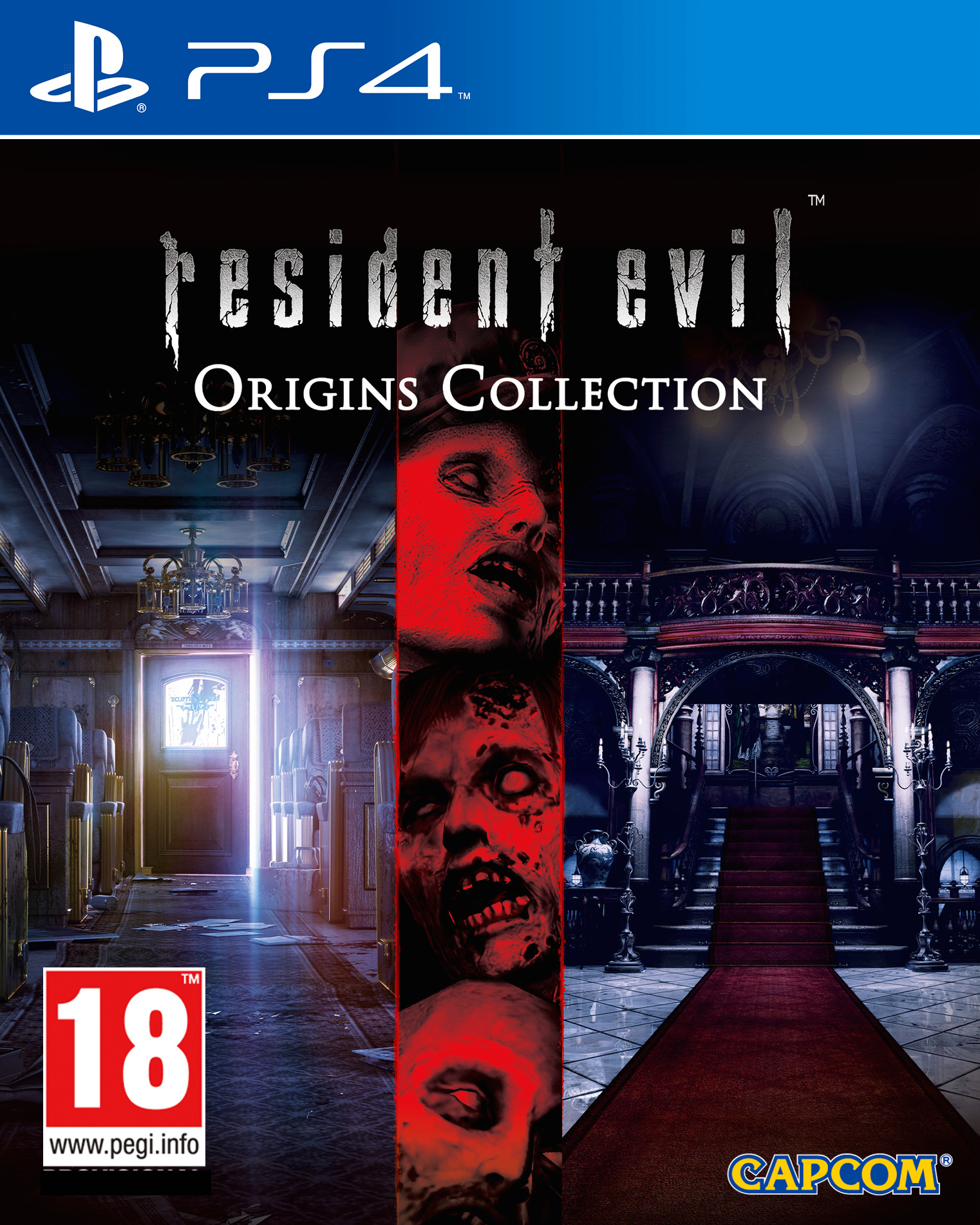 Portada del juego: Resident Evil Origins Collection. Caras de zombis, un interior oscuro con una alfombra roja y una lámpara de araña.