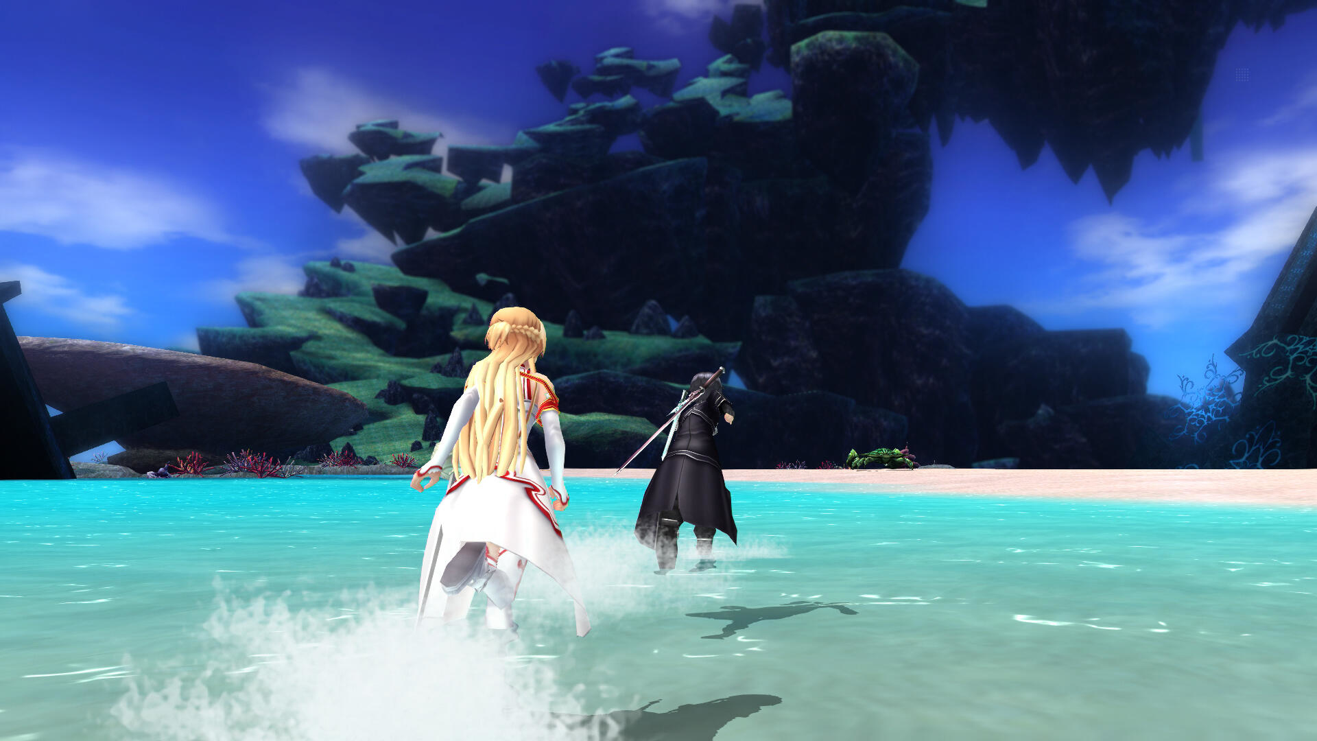 Zwei Anime-Charaktere rennen durchs Wasser. Der Hintergrund zeigt Strand, Wasser und große Felsformationen.