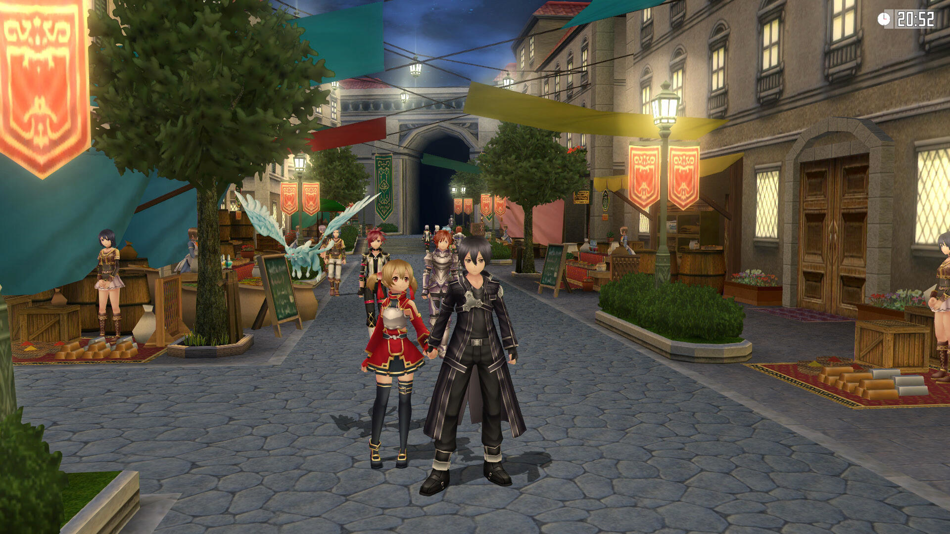 Zwei Anime-Charaktere halten Händchen auf einer Kopfsteinpflasterstraße, im Hintergrund Gebäude und Banner.