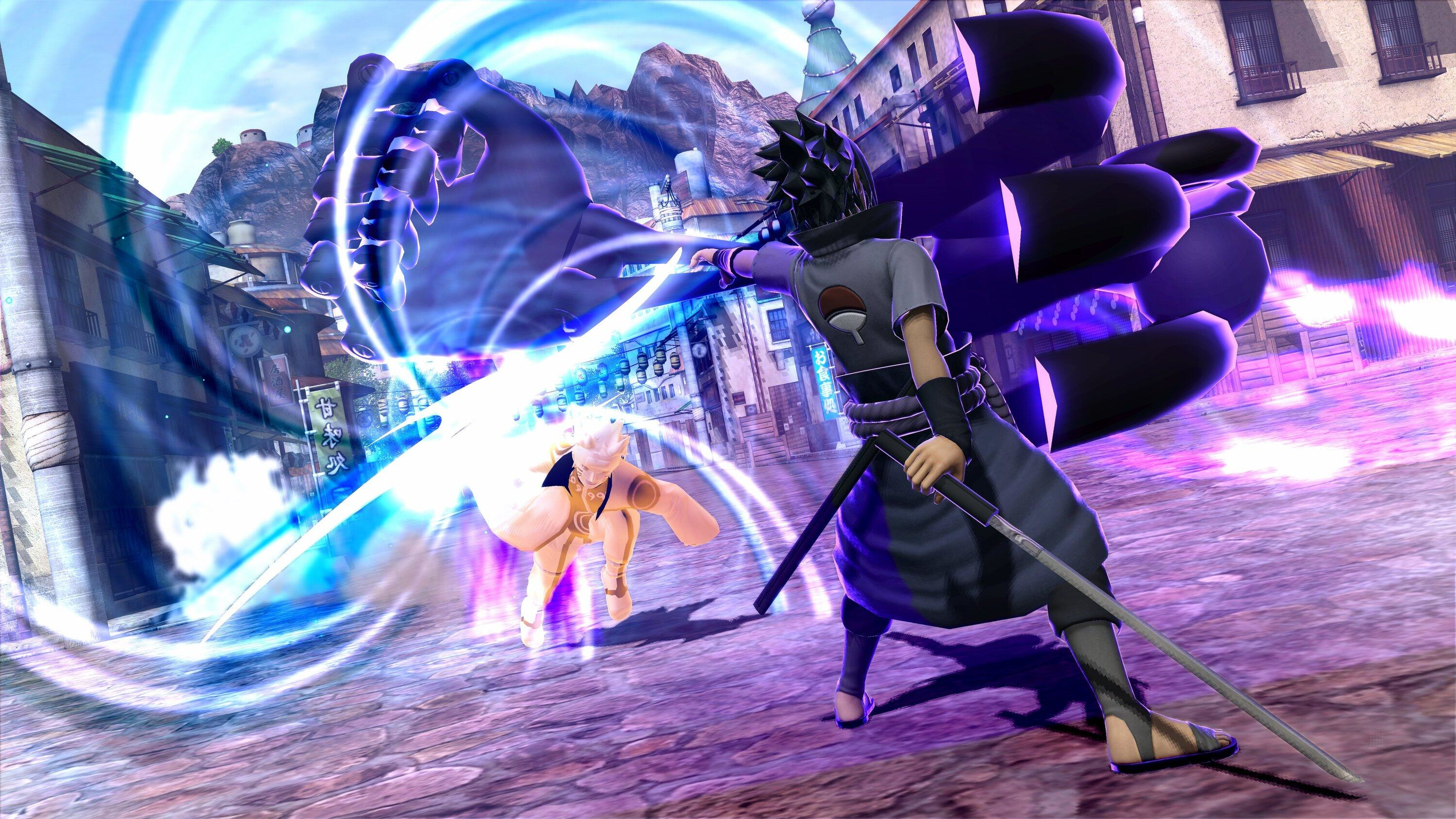 Sasuke i inna postać w scenie walki. Wielka dłoń za Sasuke. Miasto w tle.