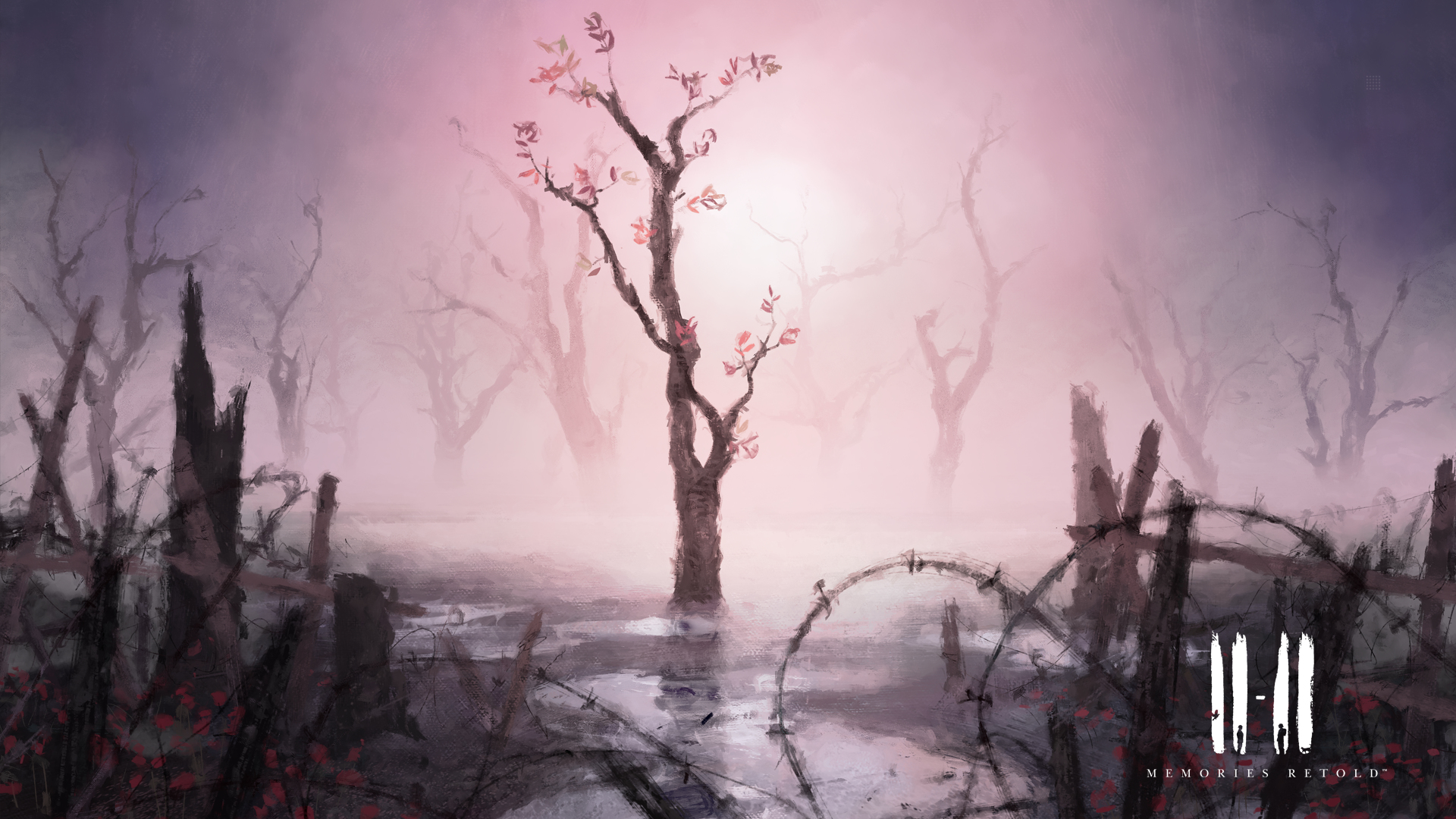 Un paesaggio desolato e nebbioso con alberi spogli e un albero a fuoco.