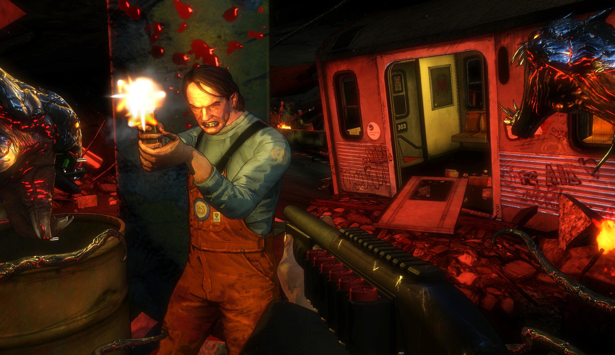 Escena del juego. Un hombre dispara un arma. Criaturas zombi y un tren en el fondo.