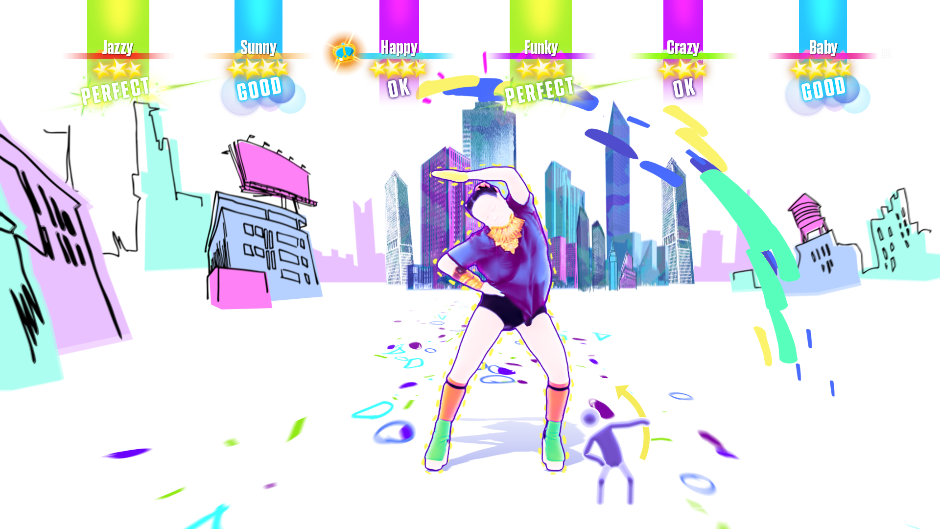 Obraz Just Dance z tancerką, kolorowymi plamami i wskaźnikami punktacji na tle miasta.