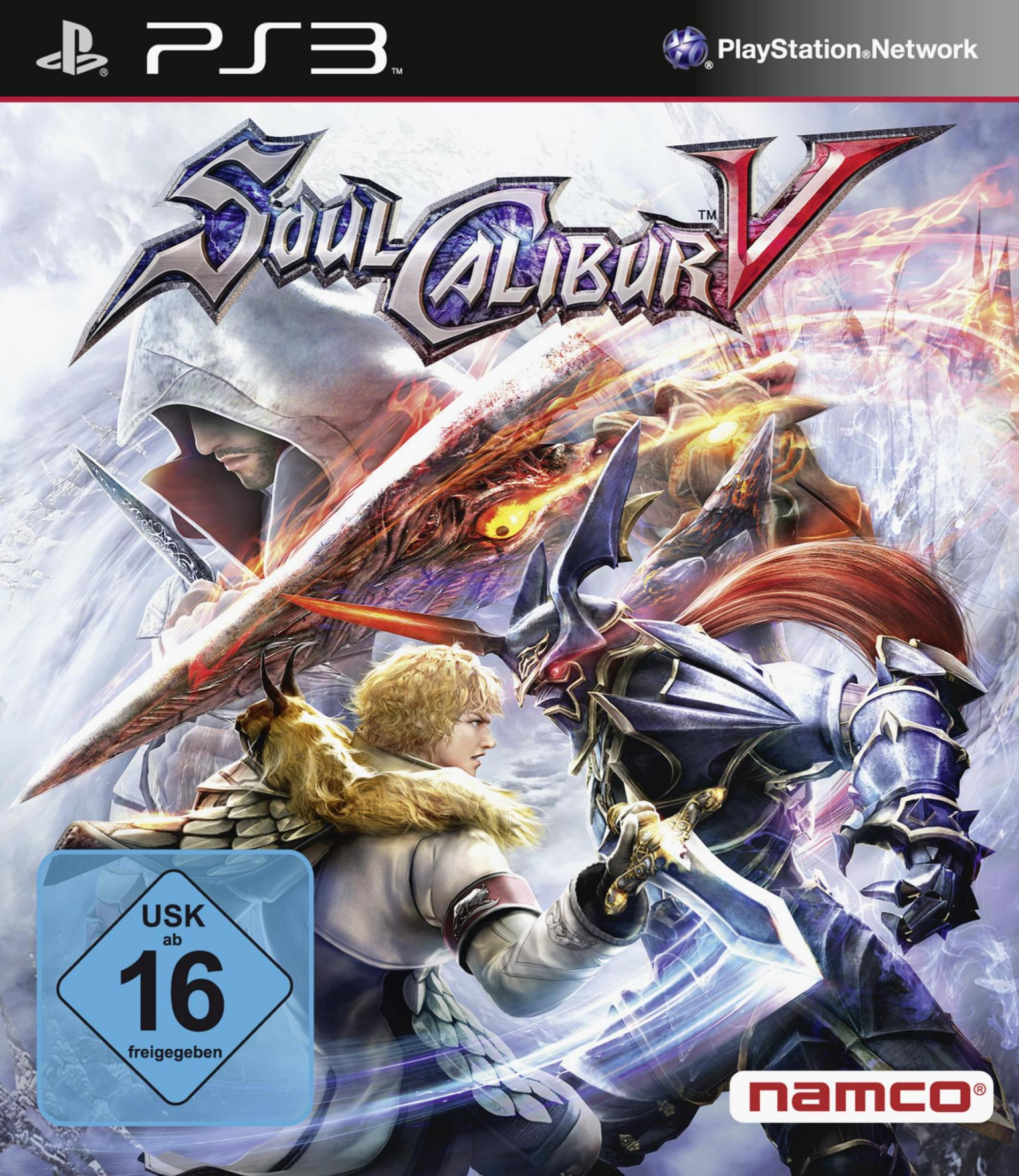 Soul Calibur V-Spielcover mit Kämpfern, einem großen Schwert und einem stilisierten, dunklen Hintergrund.