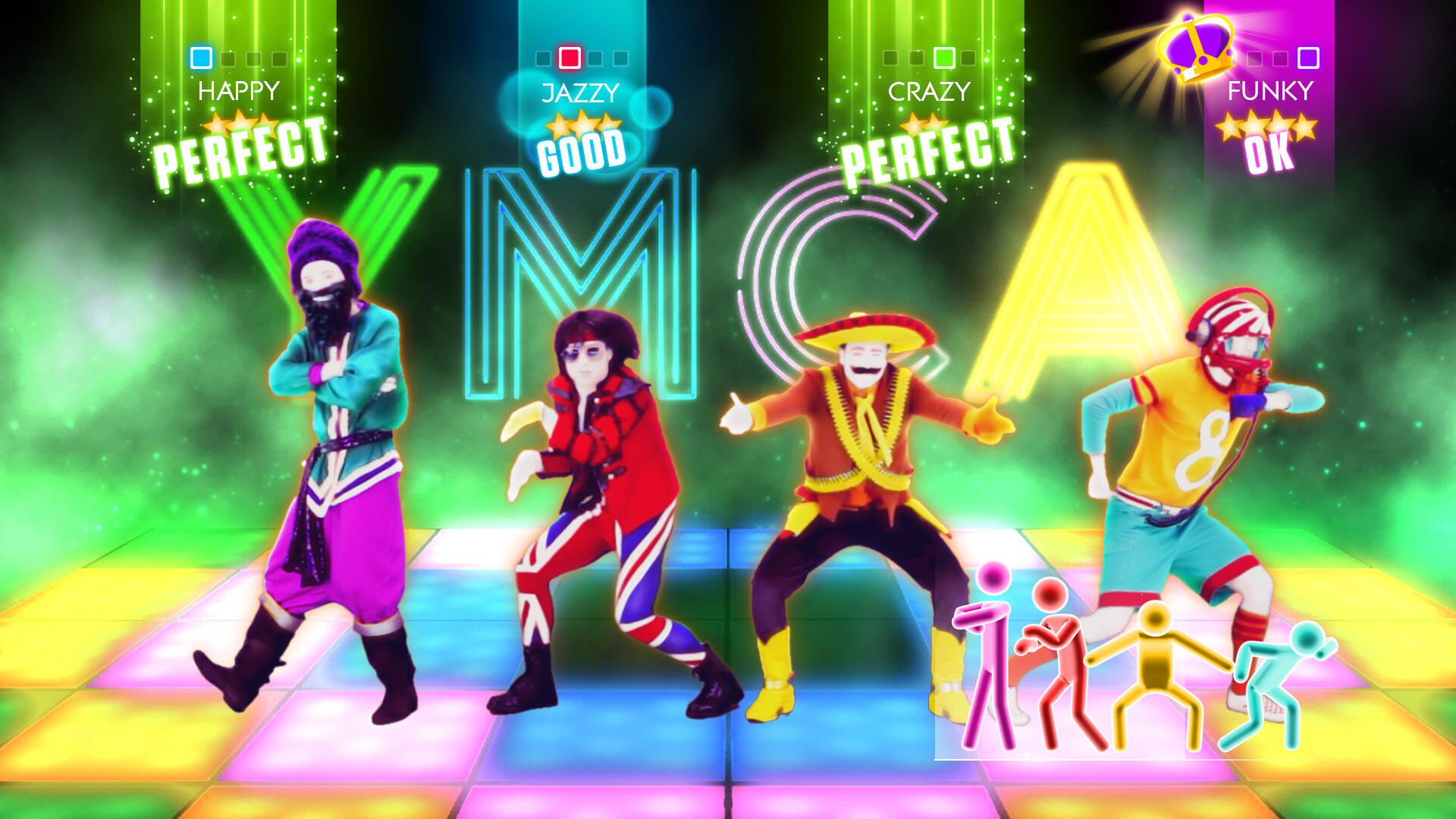 Quattro persone ballano con icone colorate, con un'insegna YMCA al neon sullo sfondo.