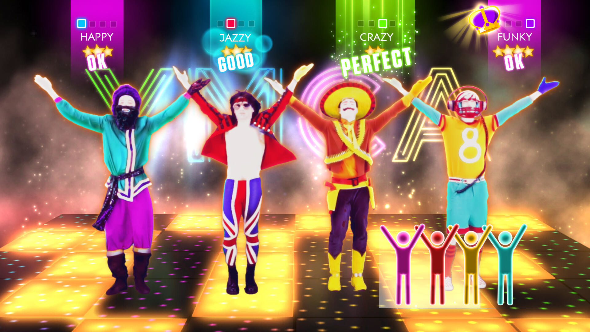 Quattro persone che ballano su un palco con luci colorate ed etichette di testo come Happy, Jazzy.
