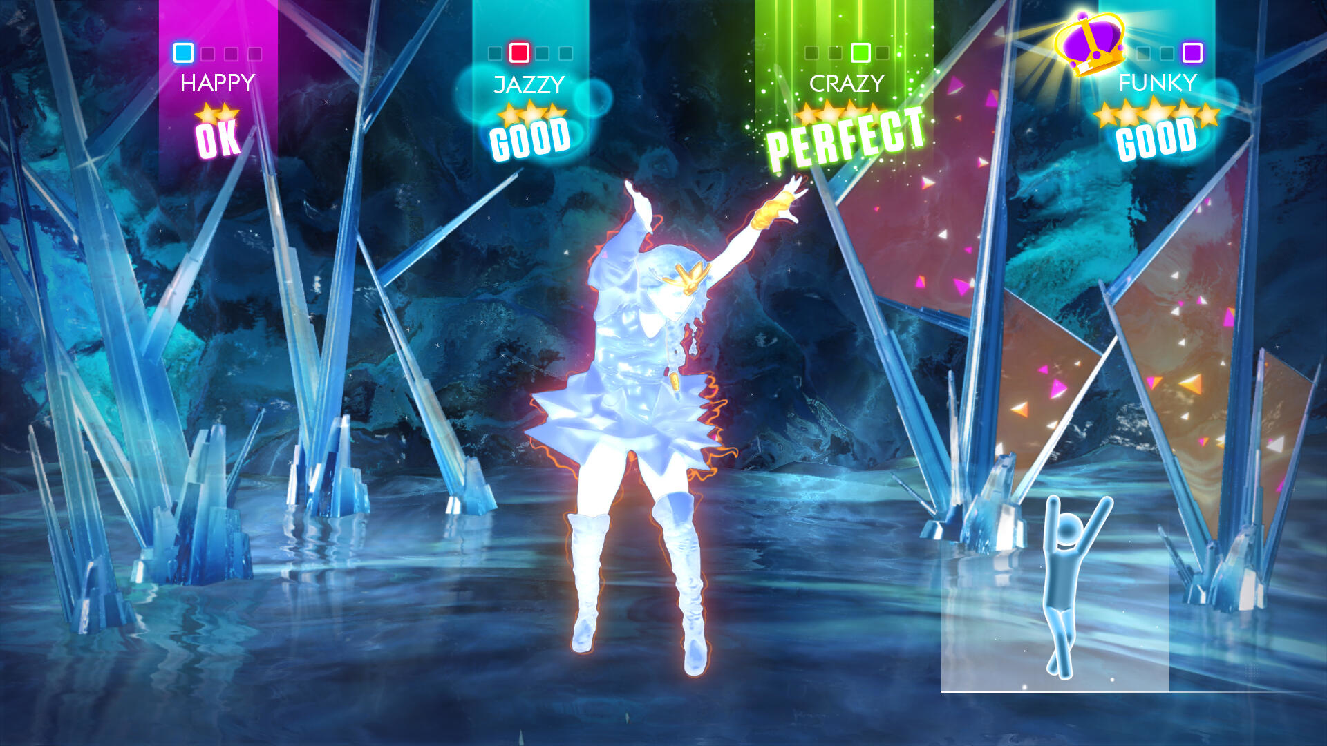 Una donna che balla in una scena blu e con cristalli di ghiaccio, con icone di gioco musicale.