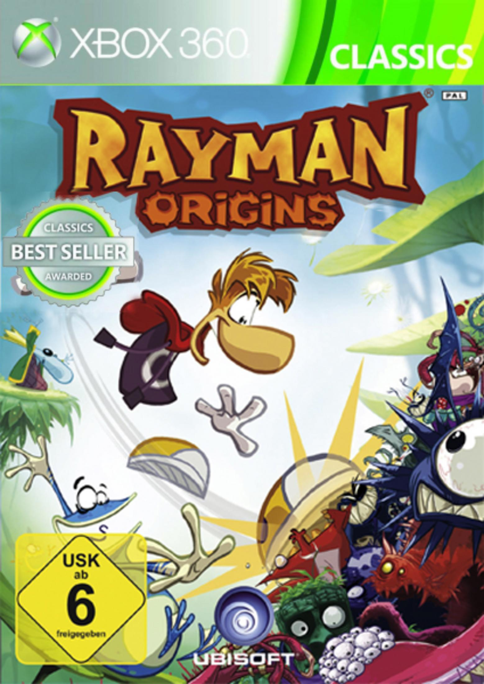 Rayman Origins Spielcover: Rayman mit anderen in einer bunten, cartoonartigen Umgebung.