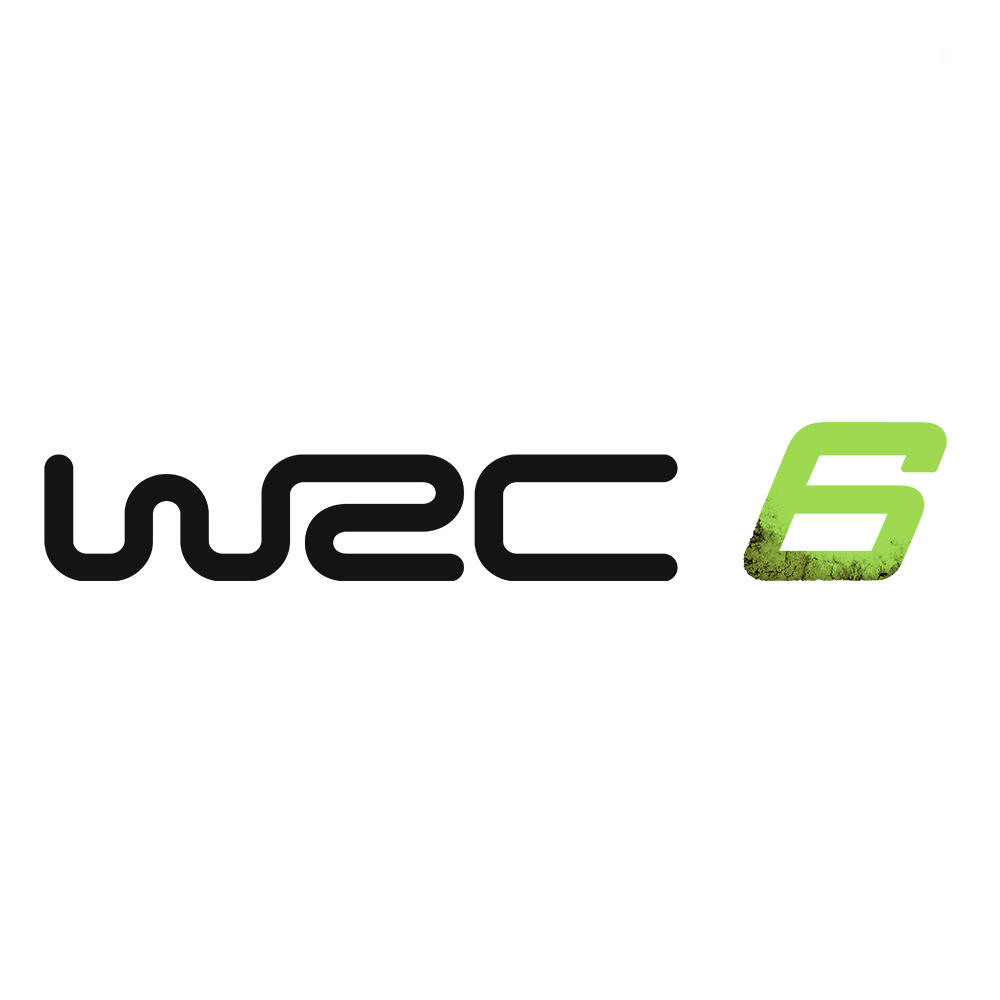 Logo WRC 6 na białym tle, czarny tekst, zielona cyfra 6.