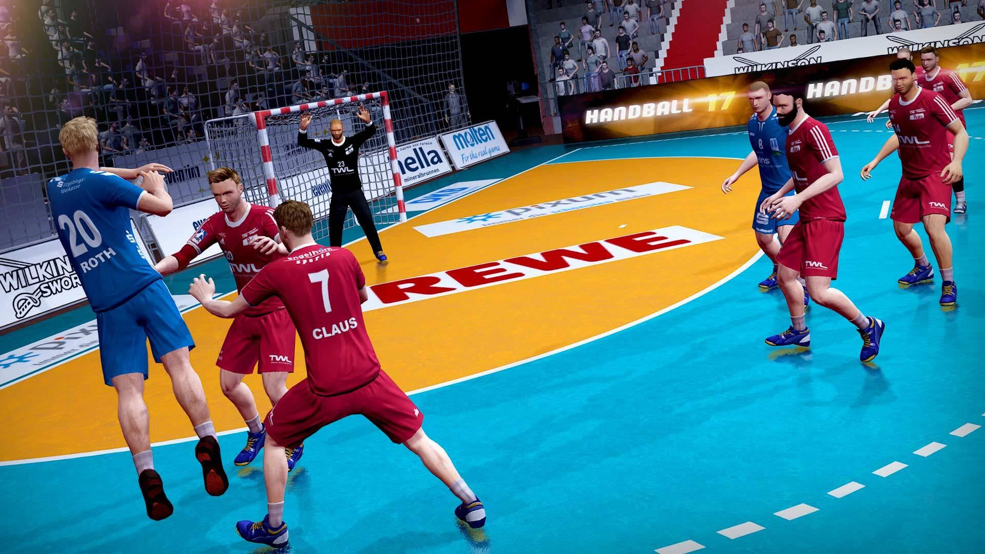 Scena z gry Handball 17. Gracze w piłkę ręczną podczas meczu na stadionie.