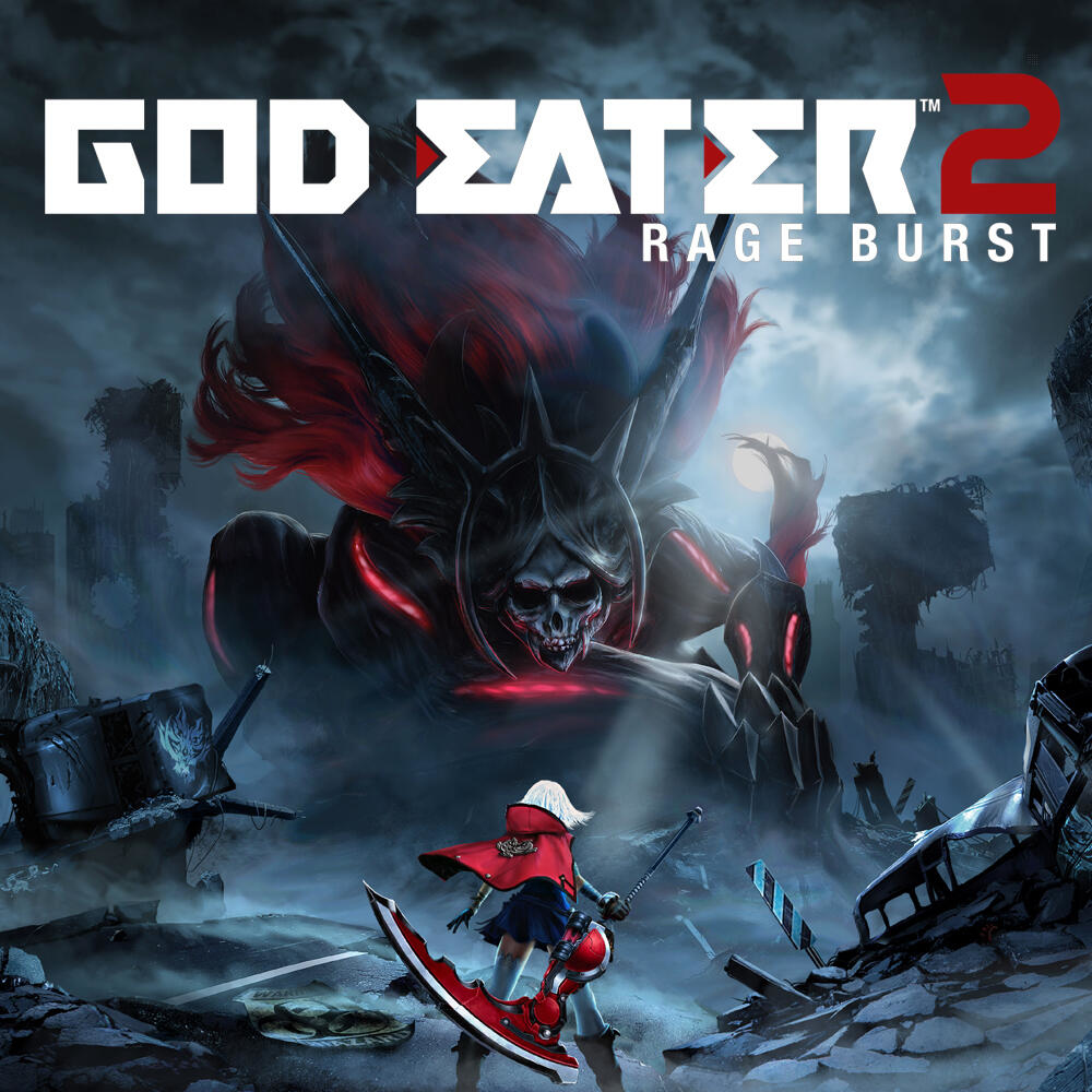Okładka gry z dziewczyną z mieczem. Potwór i tytuł 'GOD EATER 2 RAGE BURST'.