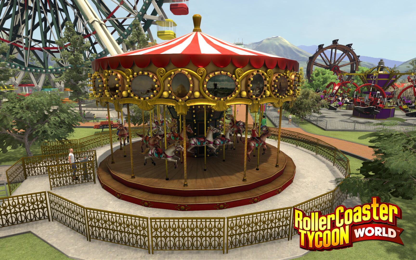 Karuzela z końmi, ludźmi i diabelskim młynem w tle w scenie RollerCoaster Tycoon World.