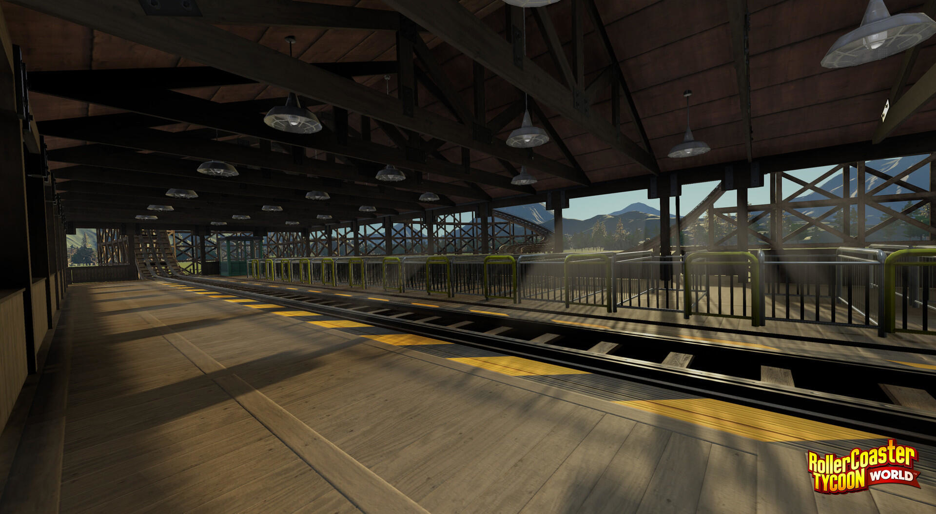 Stacja kolejki górskiej RollerCoaster Tycoon World z drewnianym dachem i torem, pusta i czekająca.