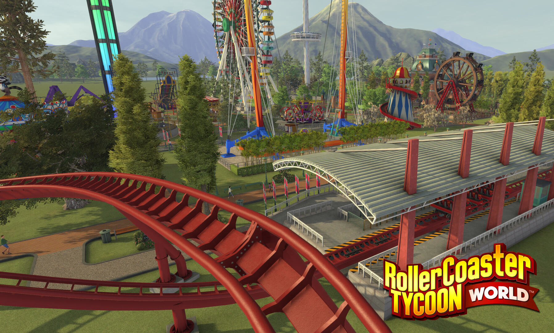 Czerwony tor kolejki górskiej wijący się przez park z innymi przejażdżkami i drzewami w RollerCoaster Tycoon World.
