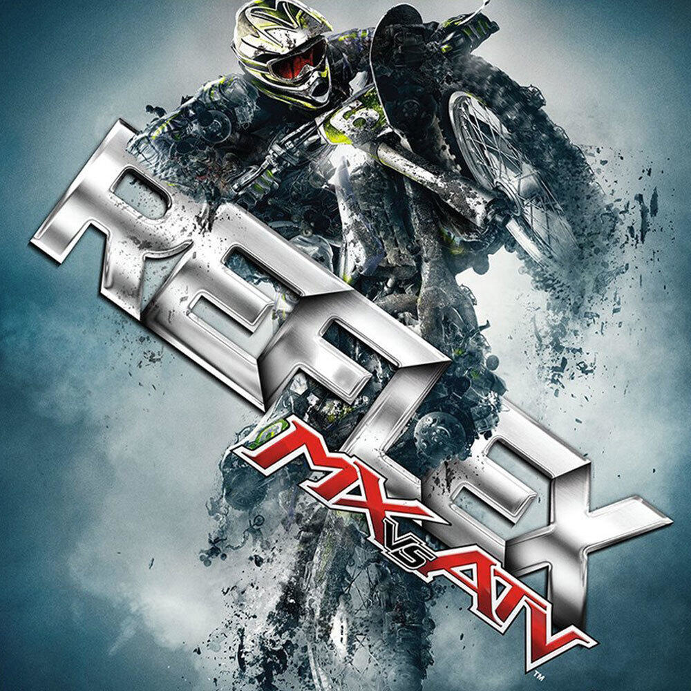 Pilota di motocross su una moto. Il titolo del gioco REFLEX MX vs ATV è in primo piano.