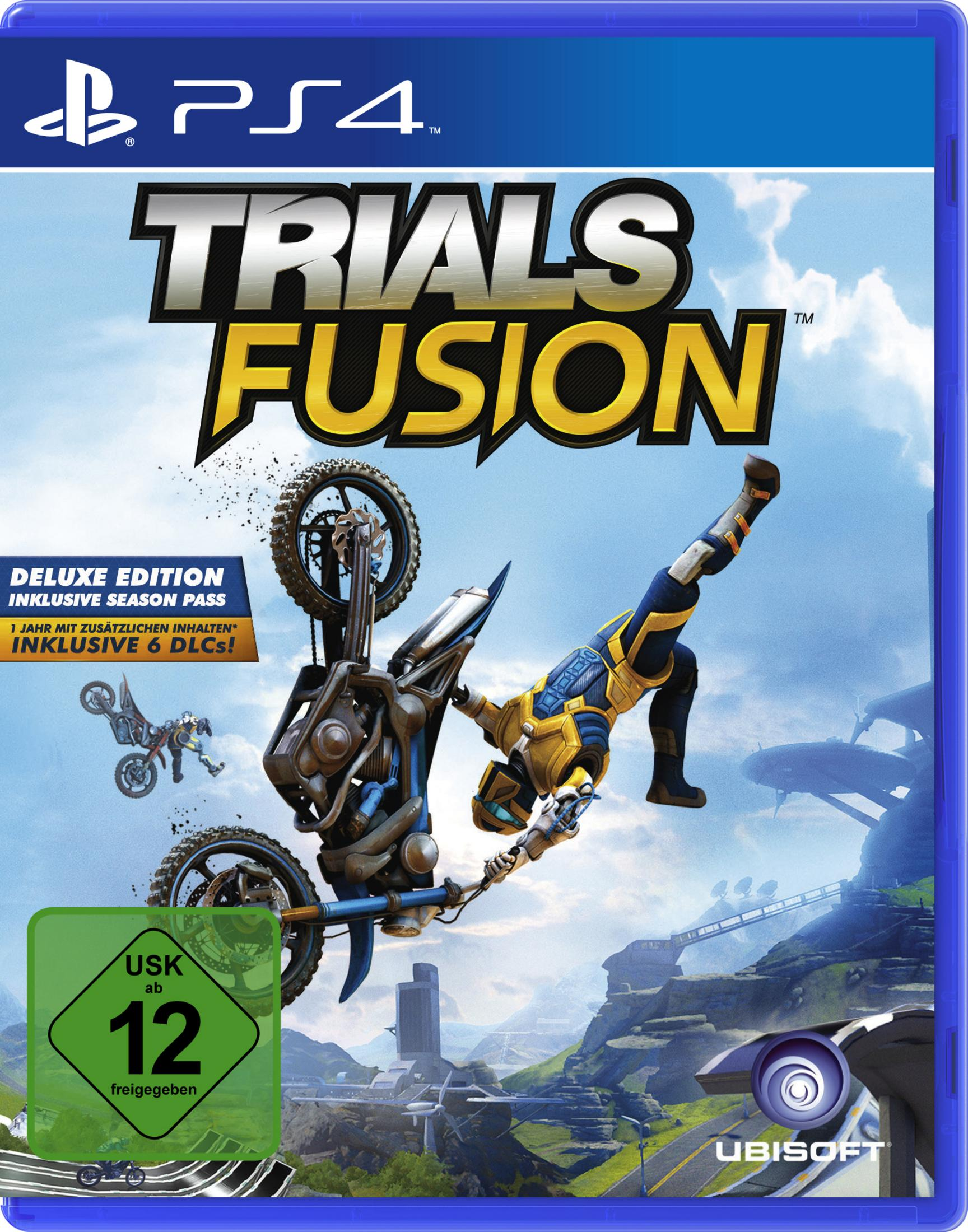 Trials Fusion-Spielcover. Ein Motorrad und Fahrer in der Luft, mit dem Spieletitel darüber.