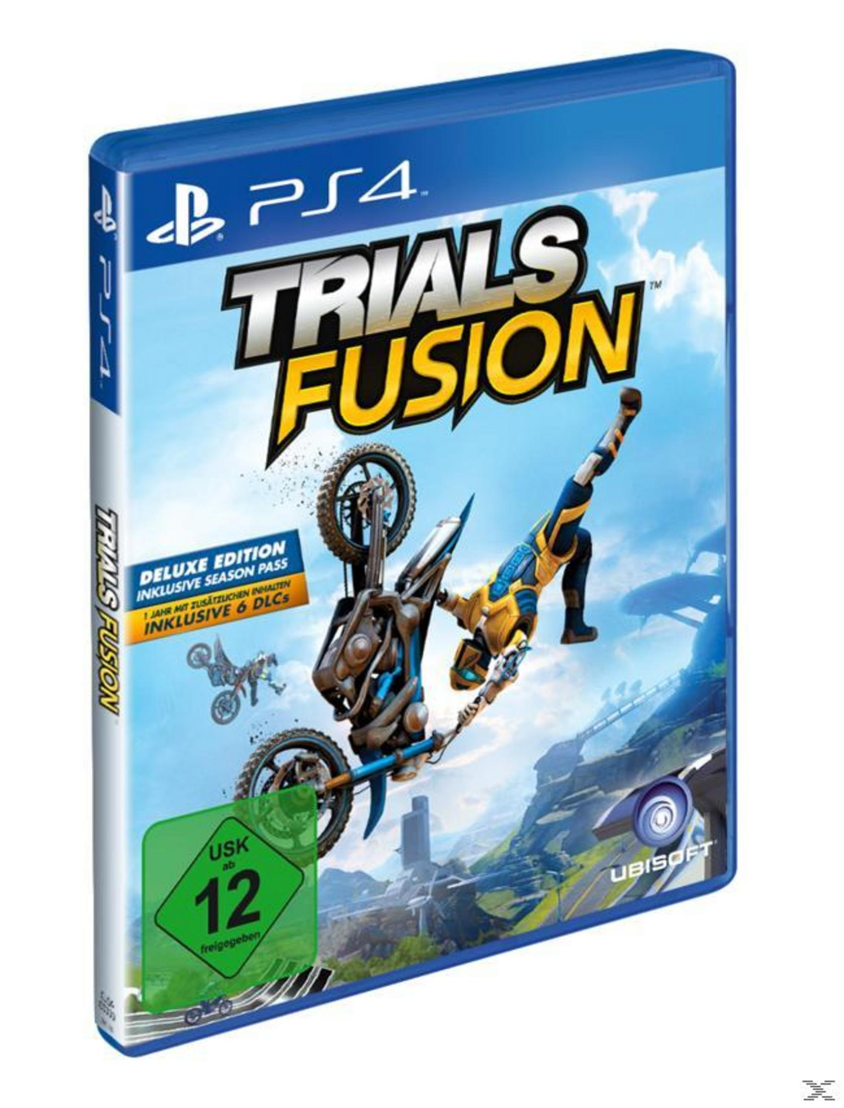 Trials Fusion-Spielcover. Ein Motorrad und Fahrer in der Luft, mit dem Spieletitel darüber.
