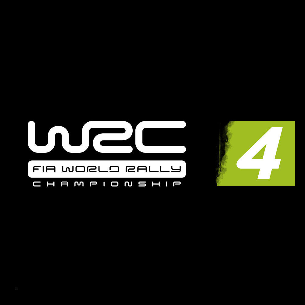 Logo WRC 4 su sfondo nero. Il numero “4” è in una casella verde. Appaiono le parole “FIA WORLD RALLY CHAMPIONSHIP”.