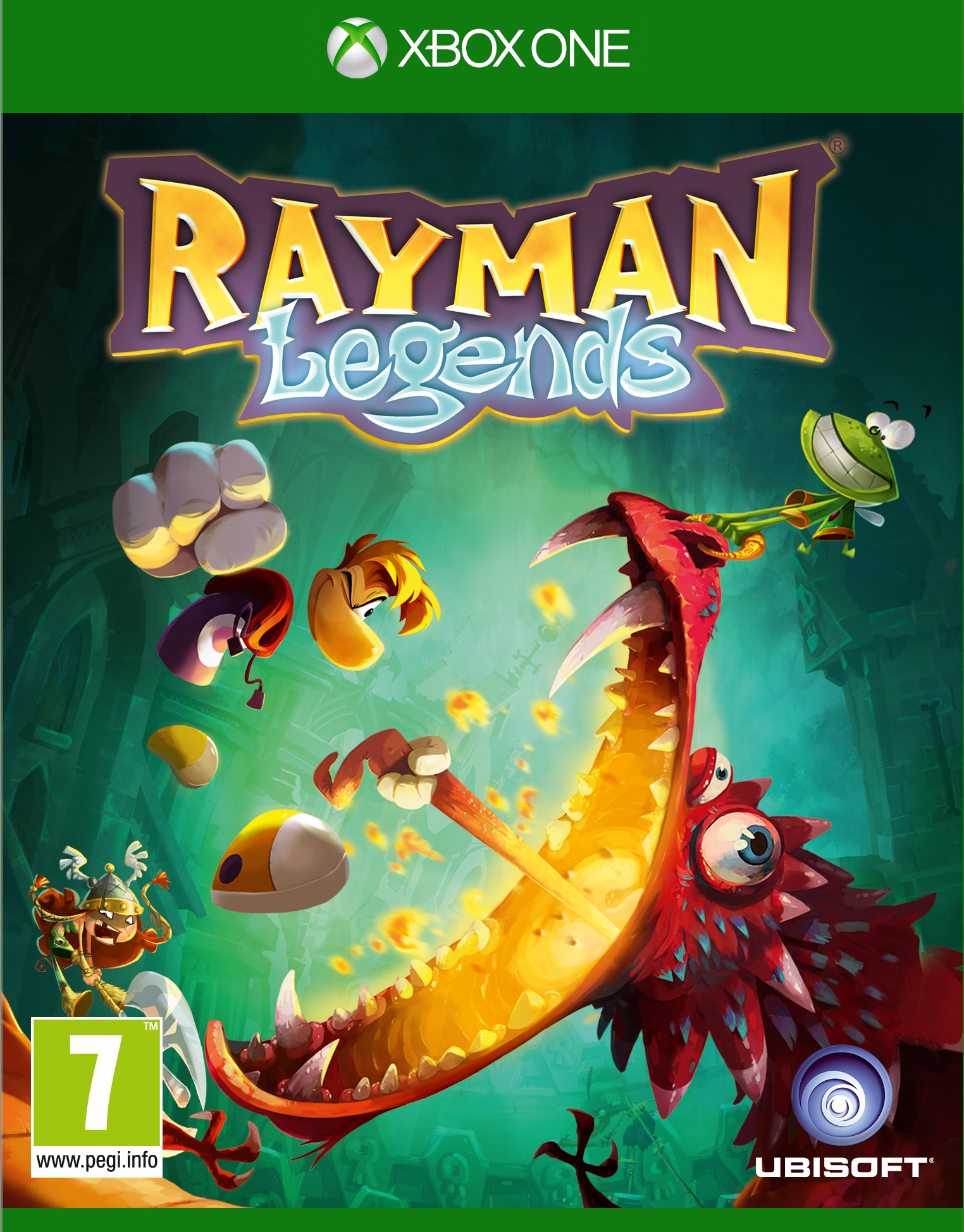 Okładka gry Rayman Legends: Rayman, smok i żaba.