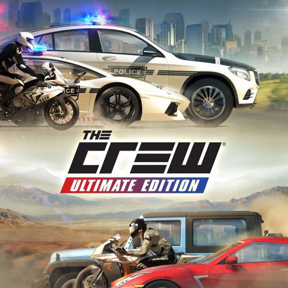 Okładka gry The Crew: Ultimate Edition. Samochody policyjne i motocykle ścigające się w mieście.