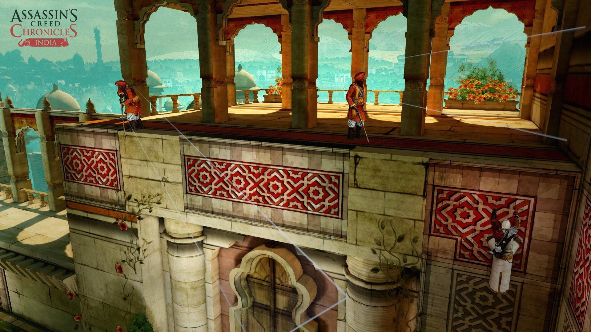 Architekturszene aus 'Assassin's Creed Chronicles: India'. Figuren stehen auf einem Balkon, Stadtbild im Hintergrund.