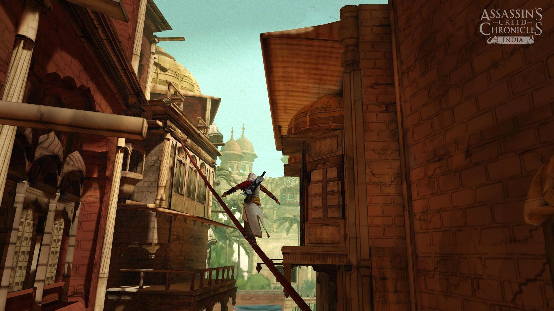 Assassin's Creed Chronicles India. Figur in der Luft, springt über Dächer in einer indischen Stadt.