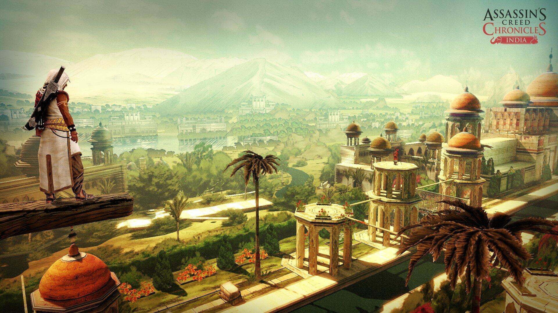 Landschaftsansicht aus 'Assassin's Creed Chronicles: India' mit Stadtbild, Bergen und einem Assassinen.