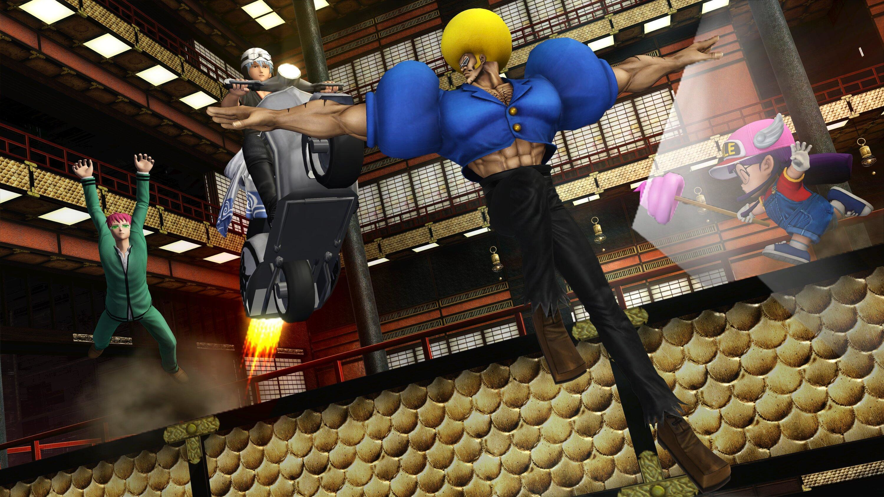 Postacie walczą w futurystycznej scenerii. Jeden jedzie motocyklem, inni są w pozach akcji.