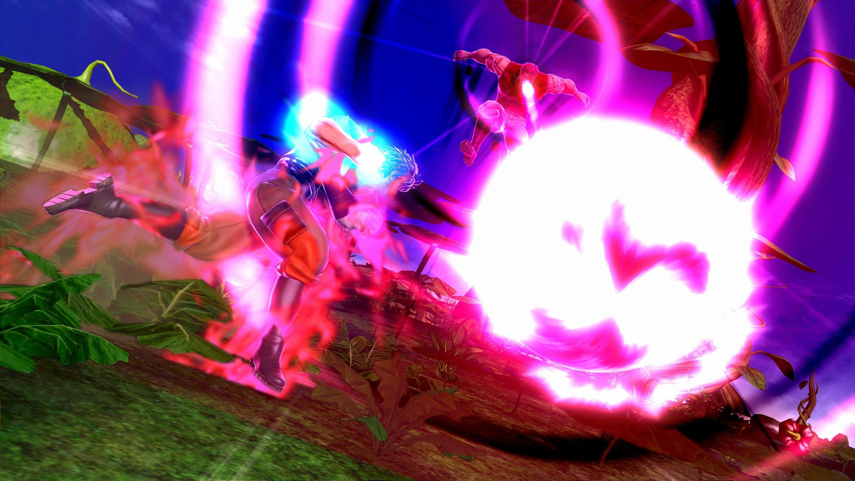 Postacie z anime walczą. Jedna postać wypuszcza atak energetyczny, w kolorowej, dynamicznej scenie.